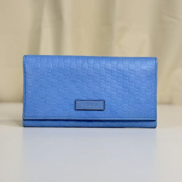 Gucci Handbags - Gucci GG Logo Printed Blue Leather Wallet - Elegant & Versatile Small Leather Go